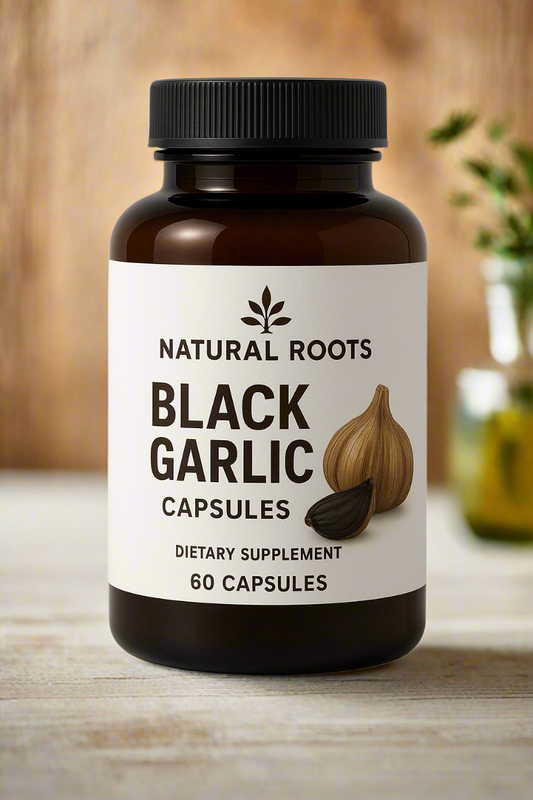 Bottle of Natural Roots Black Garlic capsules on a light gray background